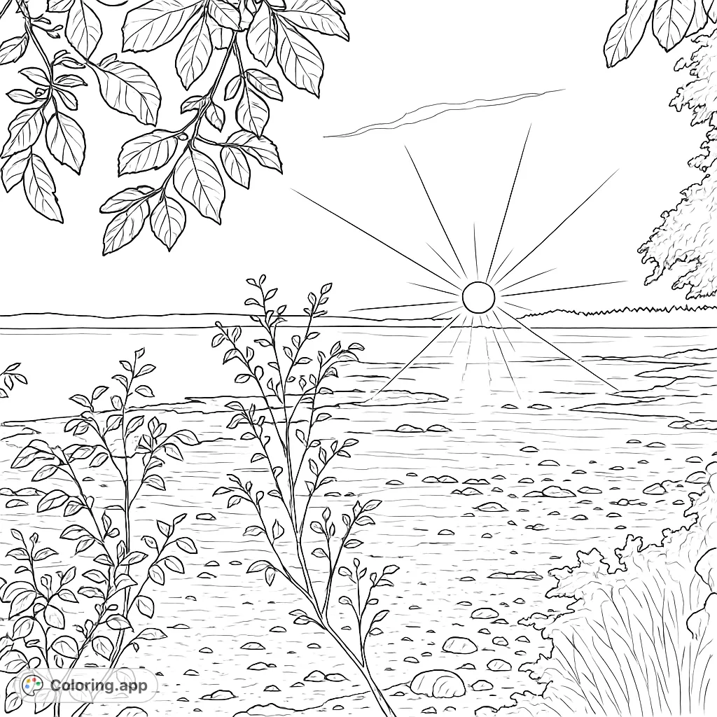 Capture the serene beauty of a coastal sunset with this detailed coloring page. Features a radiant sun, reflective water, and a textured tidal landscape.