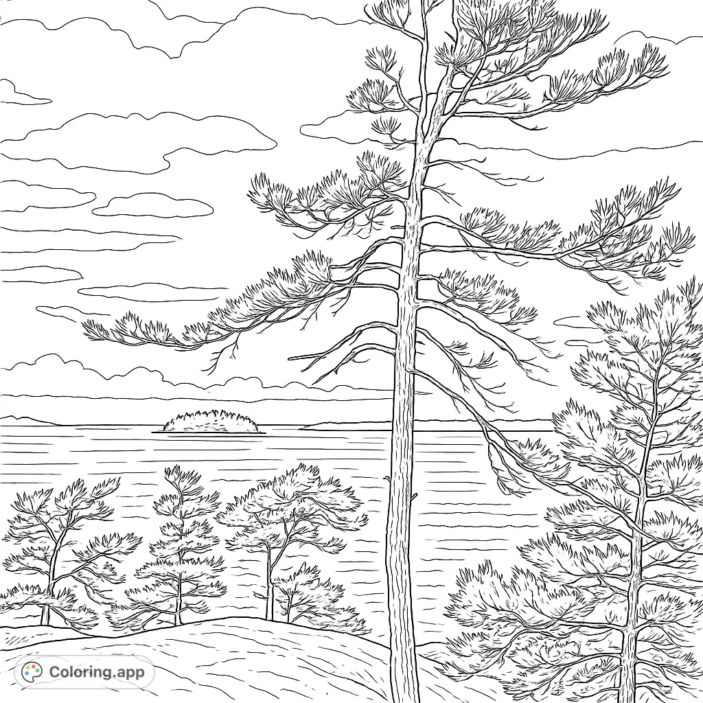 A serene landscape featuring a tall pine tree on a rocky shore overlooking a vast body of water with distant islands and a cloudy sky.