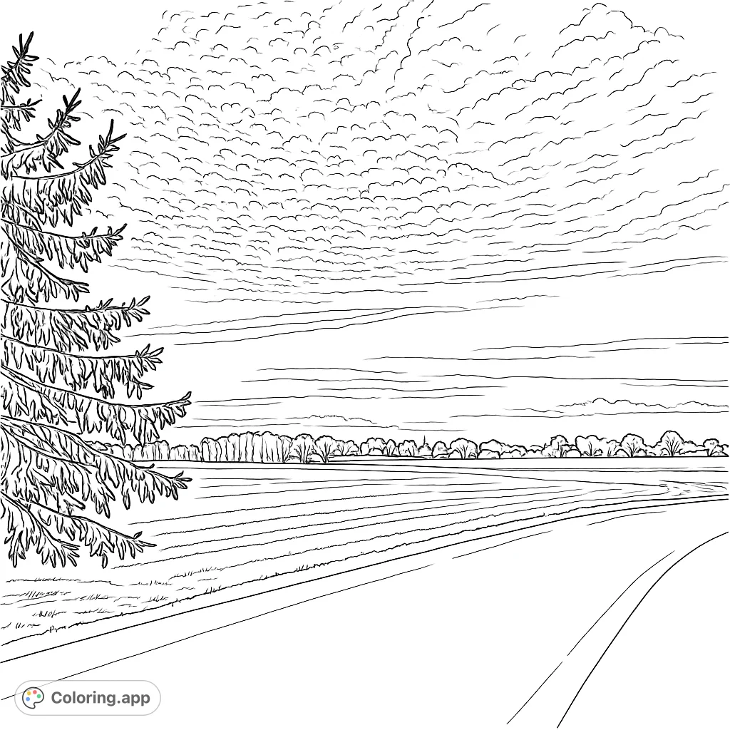 Capture the serene beauty of a rural landscape with a majestic evergreen, vast field, and distant horizon under a dramatic sky. A peaceful scene awaiting your creative touch.