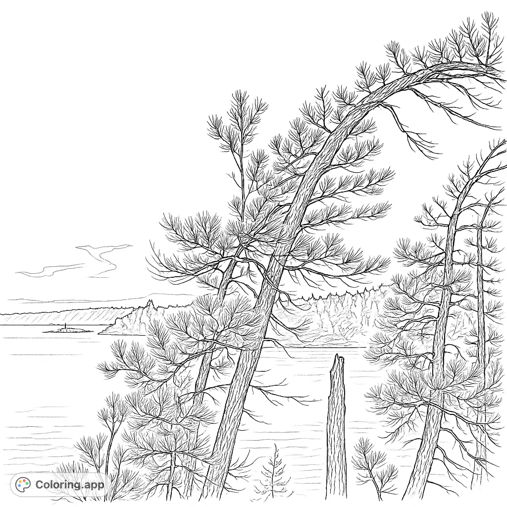 Capture the tranquil beauty of a lakeside scene at twilight, featuring majestic pine trees and a calm body of water. A peaceful nature escape.
