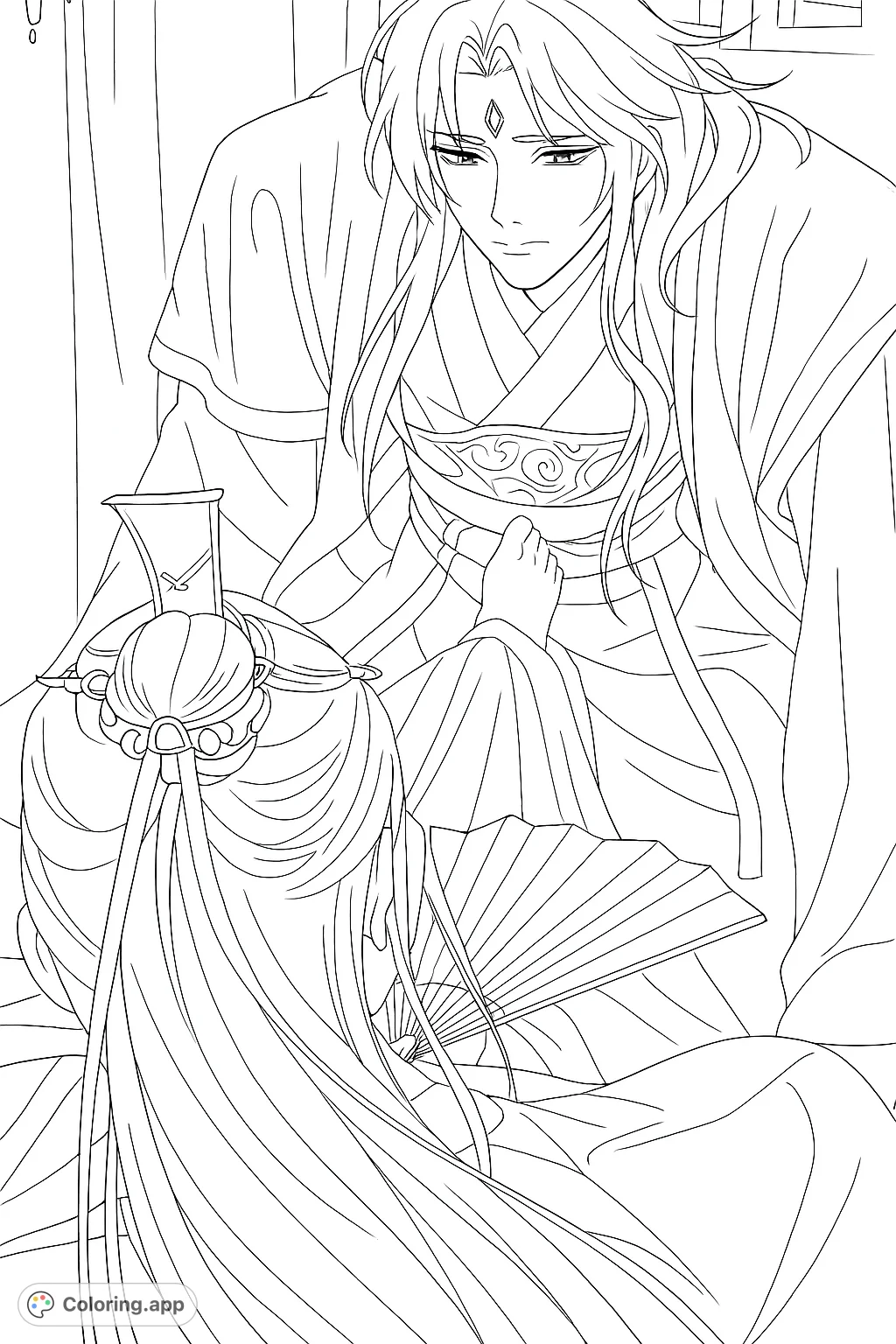 An intimate scene featuring two figures in traditional East Asian attire, sharing a tender moment. Perfect for adult colorists seeking expressive art.