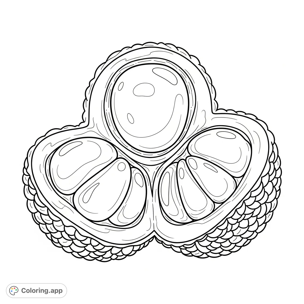 Explore the unique structure of an open ackee fruit, featuring its distinct segments, smooth arils, and prominent seeds. A fascinating tropical fruit coloring page.