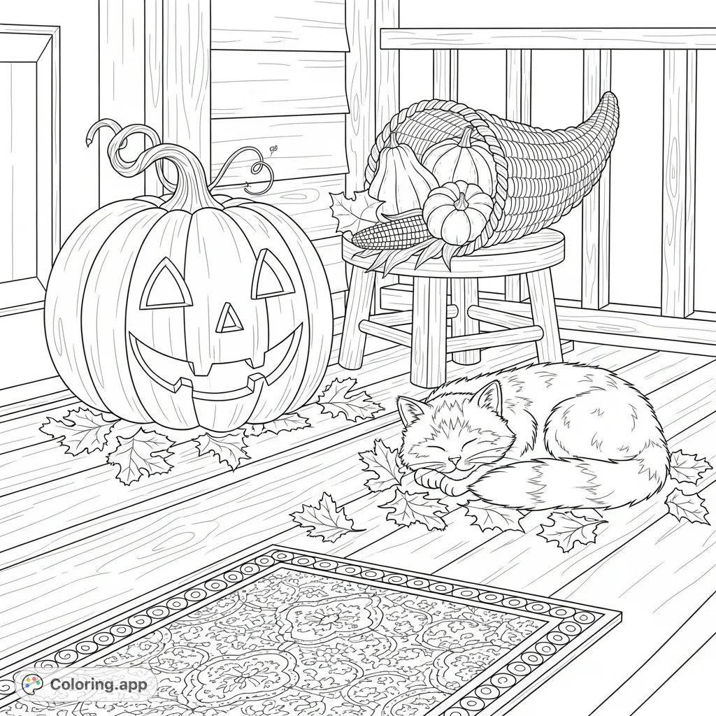 A charming front porch scene with a carved pumpkin, a sleeping cat, and a cornucopia overflowing with harvest bounty, perfect for autumn coloring.