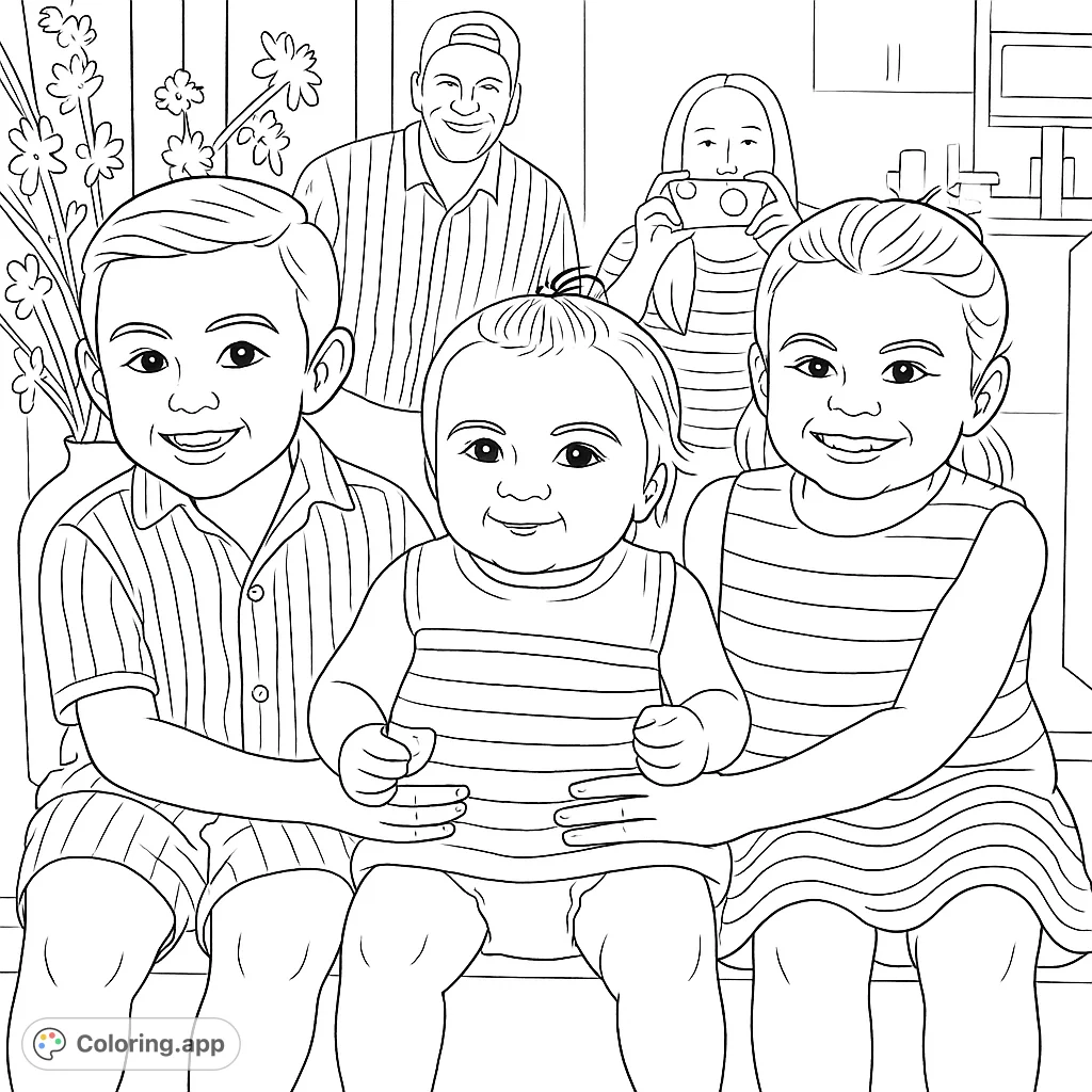 A heartwarming coloring page featuring three cheerful siblings, a boy and two girls, sitting together, ready for your creative touch.