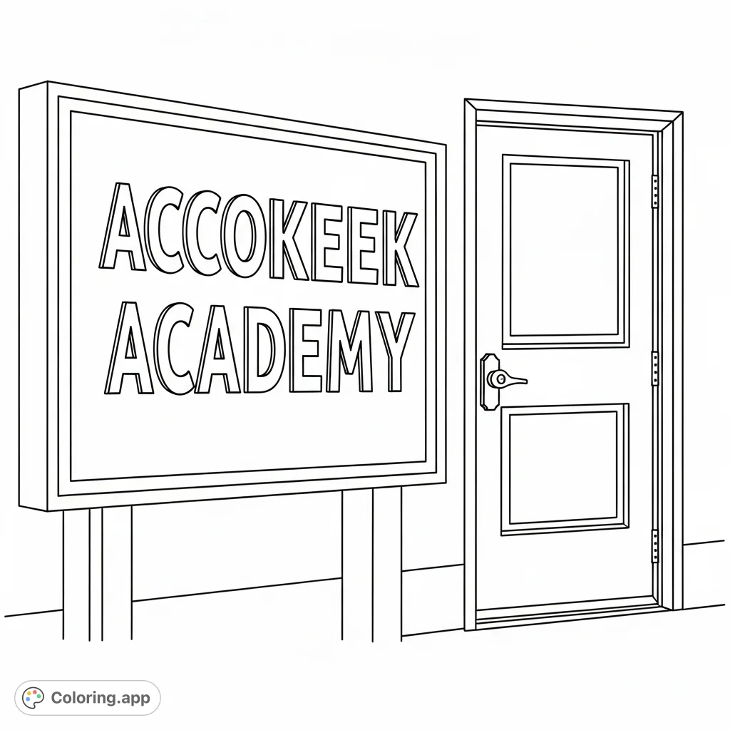 Color a prominent sign featuring 'Accokeek Academy' in bold block letters, accompanied by a detailed door. Perfect for school spirit and creative expression.