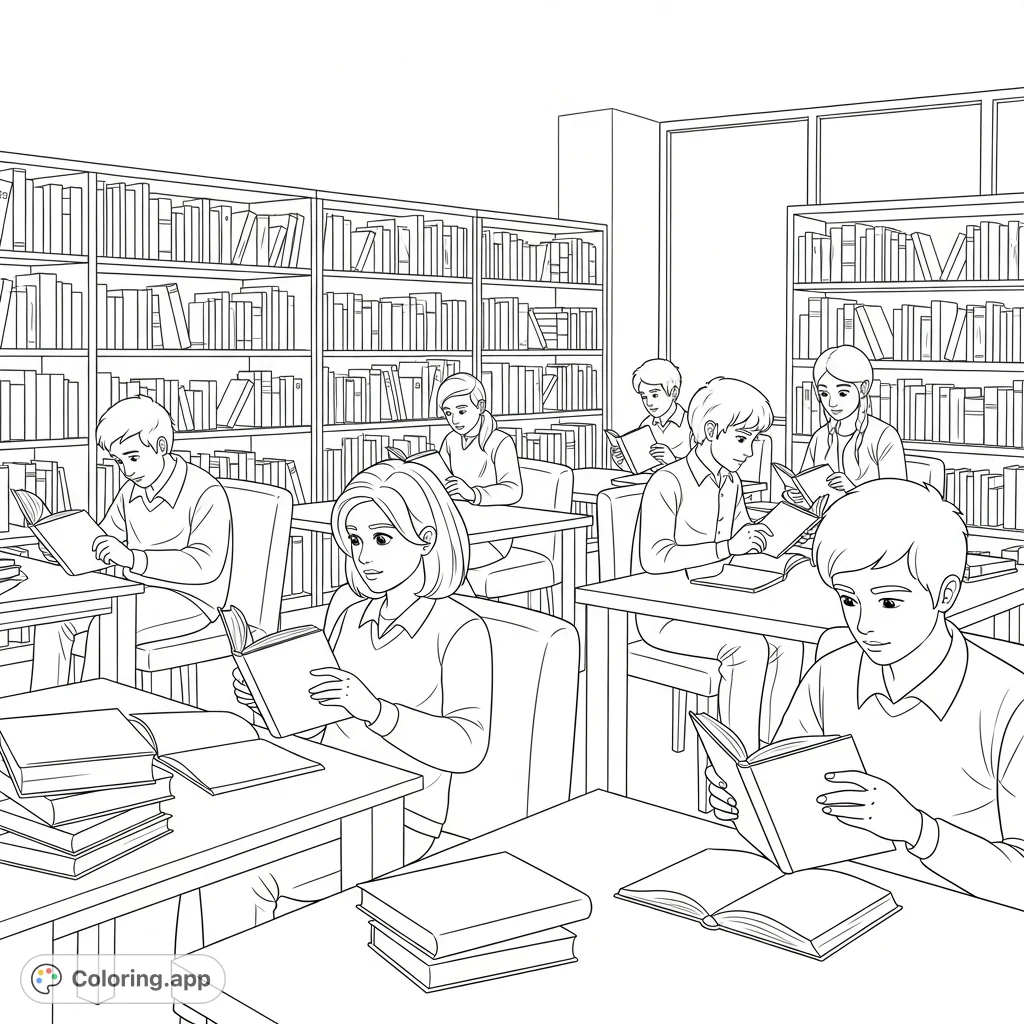 Explore a cozy school library scene with students immersed in reading. A perfect free printable coloring page for kids and adults who love books and learning.