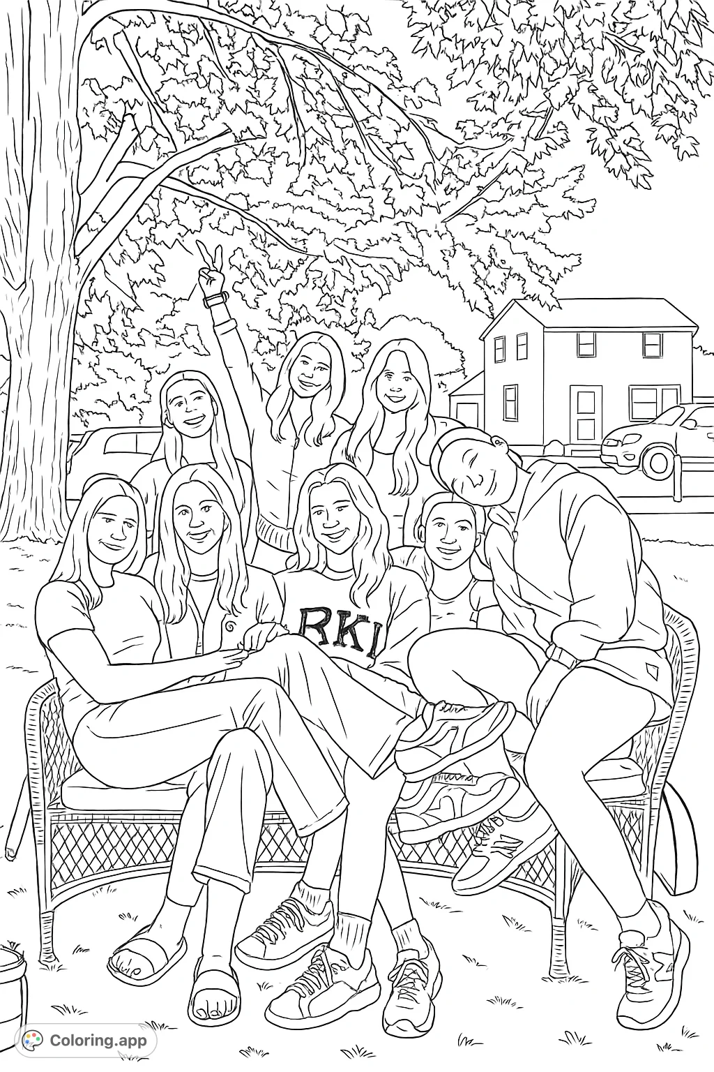 A heartwarming coloring page featuring a group of young women enjoying an outdoor gathering, perfect for celebrating friendship and casual moments.