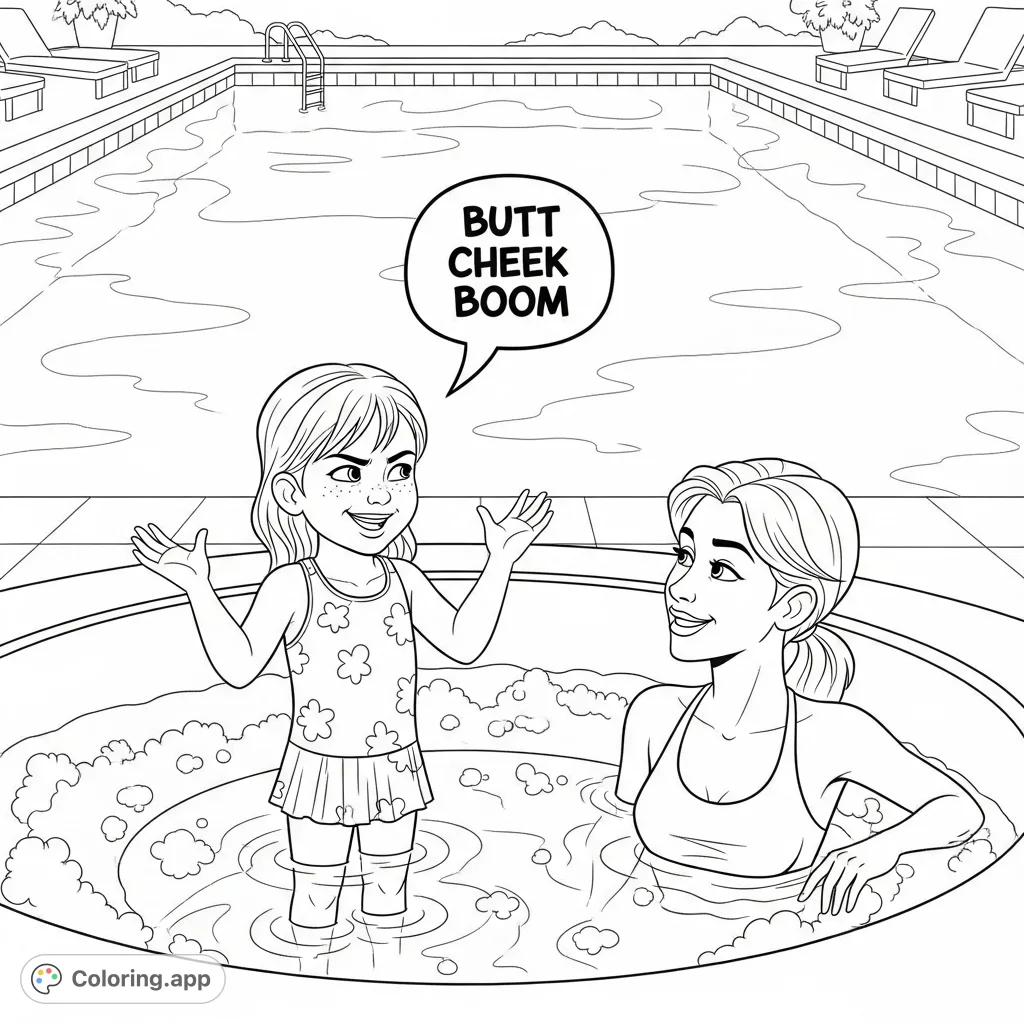 A playful young girl in a hot tub next to a pool, exclaiming "Butt Cheek Boom" to her mom, creating a humorous and lively scene.