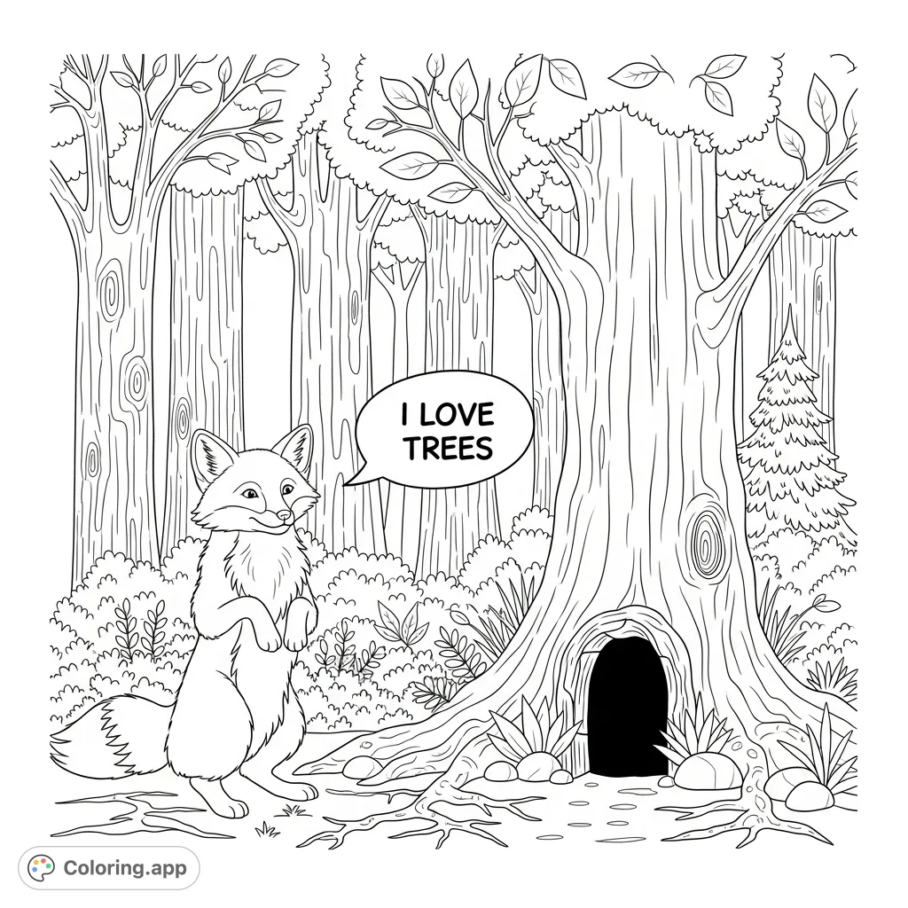 A delightful fox declares "I love trees" in a speech bubble, standing amidst a detailed forest with a cozy fox den. Perfect for nature lovers!
