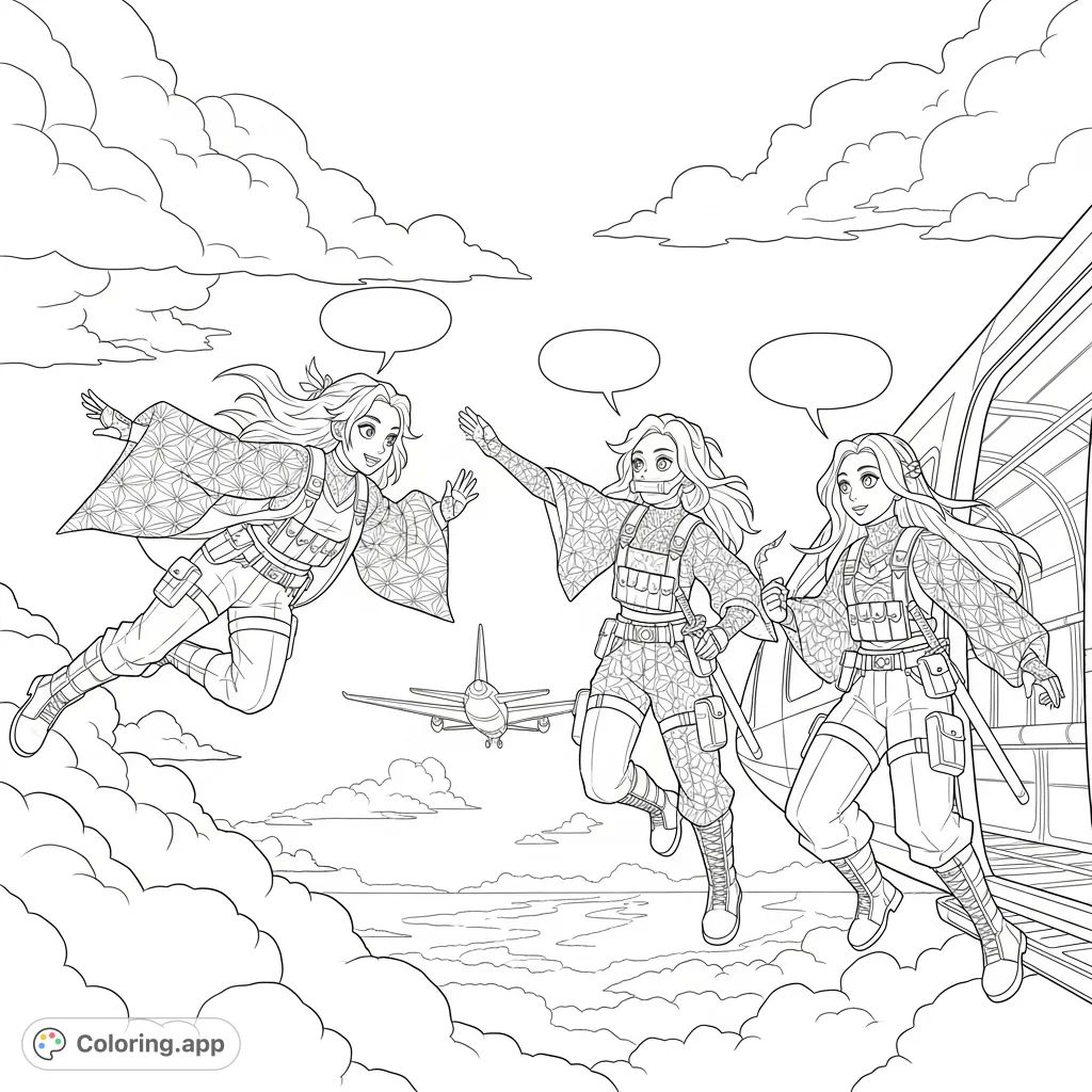 Join Rumi, Mira, and Zoe of KPop Demon Hunters as they leap from a plane, ready for action. A dynamic scene with blank speech bubbles for your creative input.