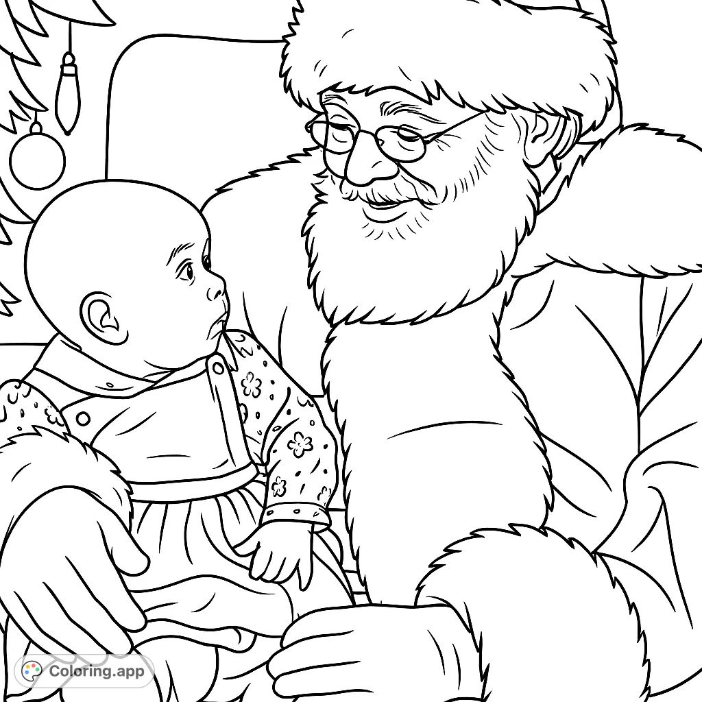 A heartwarming scene of Santa Claus holding a curious baby, perfect for festive coloring fun and holiday cheer. A joyful Christmas coloring page.