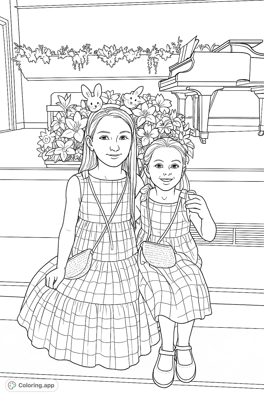 Two cheerful girls in plaid tiered dresses and bunny headbands, seated before a beautiful floral arrangement and a grand piano. A delightful spring scene.