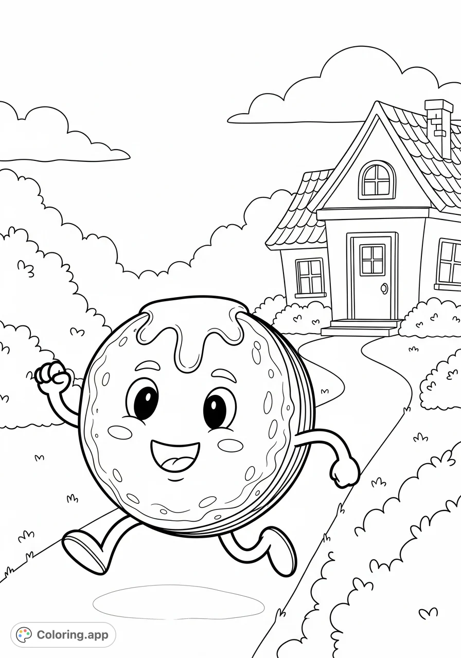 A whimsical pancake with arms and legs dashes away from a cozy house, ready for a fun adventure. A delightful and imaginative scene for all ages.