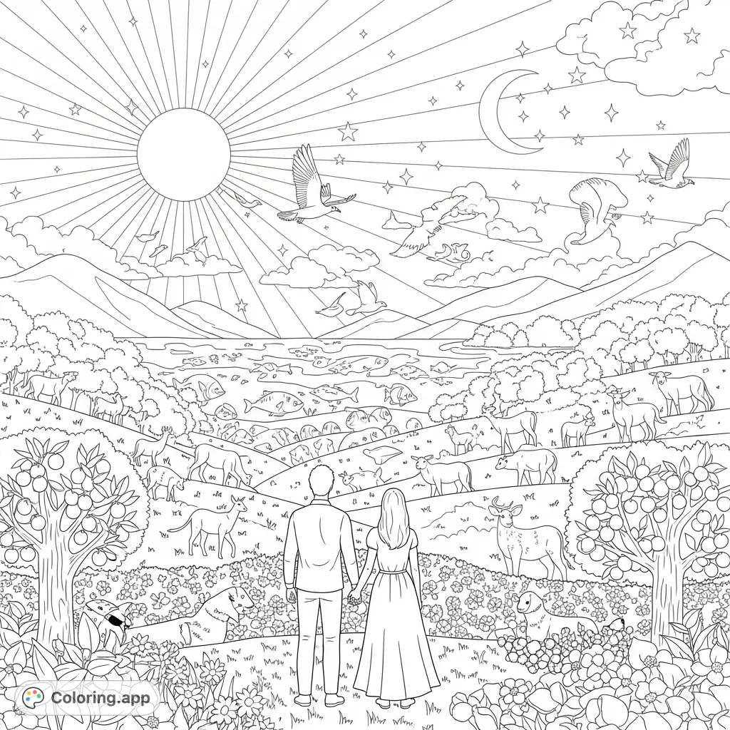 Explore a detailed, harmonious world coloring page featuring a sun, moon, ocean life, flying birds, lush forests, grazing animals, and a couple in a vibrant garden.