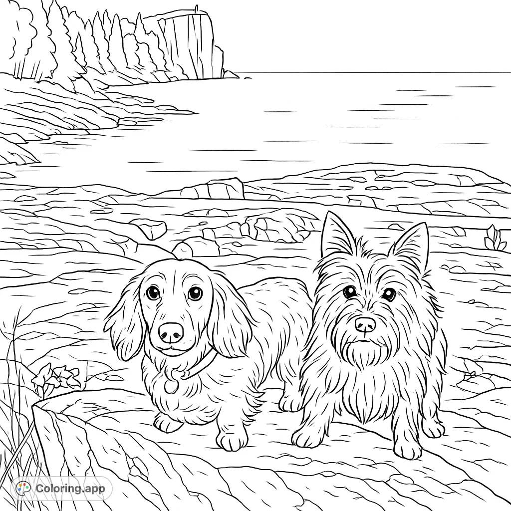 Two adorable dogs explore a rugged coastal landscape with a vast body of water and a towering cliff. A charming scene for dog lovers and nature enthusiasts.