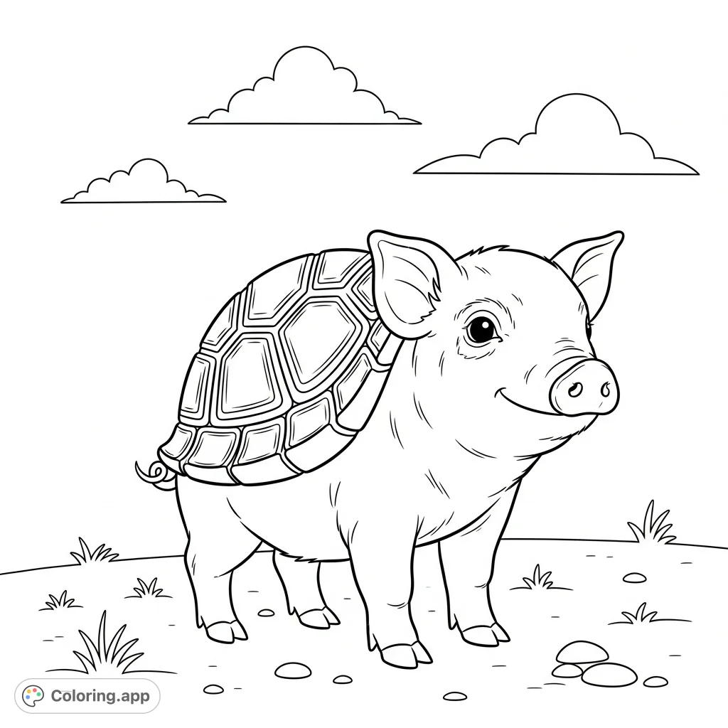 A charming piglet with a unique turtle shell on her back, standing in a field under a cloudy sky. A delightful and whimsical scene for coloring.