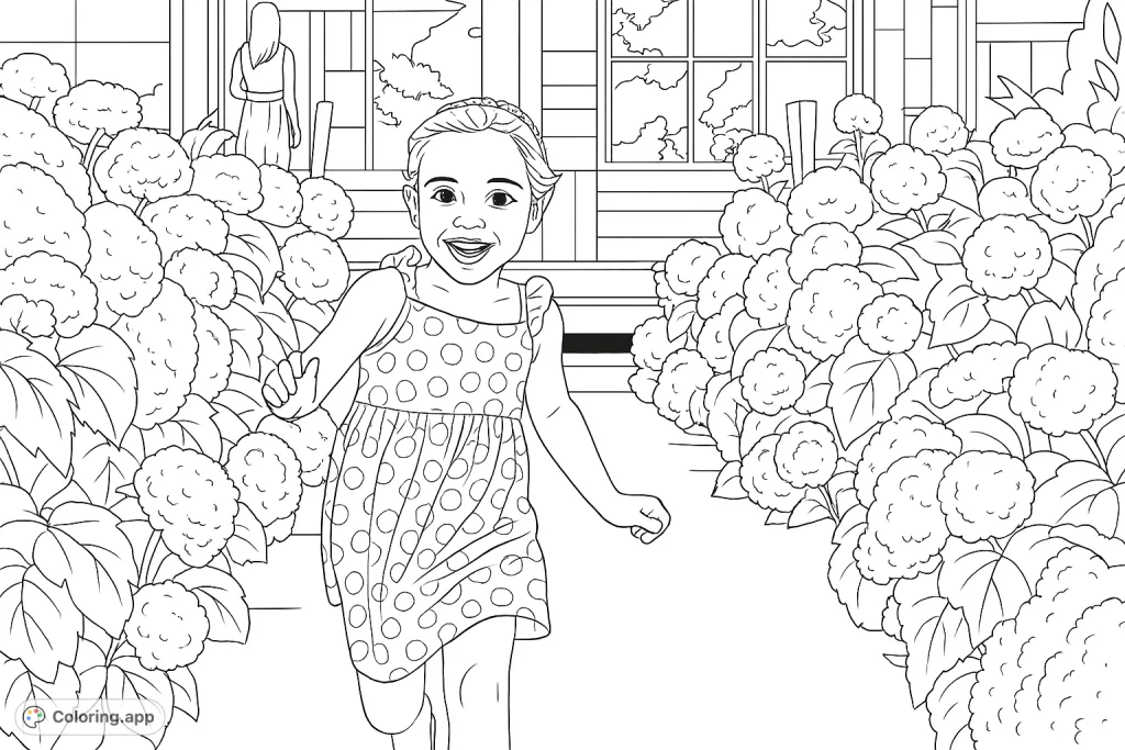 A cheerful young girl runs through a path lined with abundant, spherical flower clusters. A delightful scene for all ages to color and enjoy.