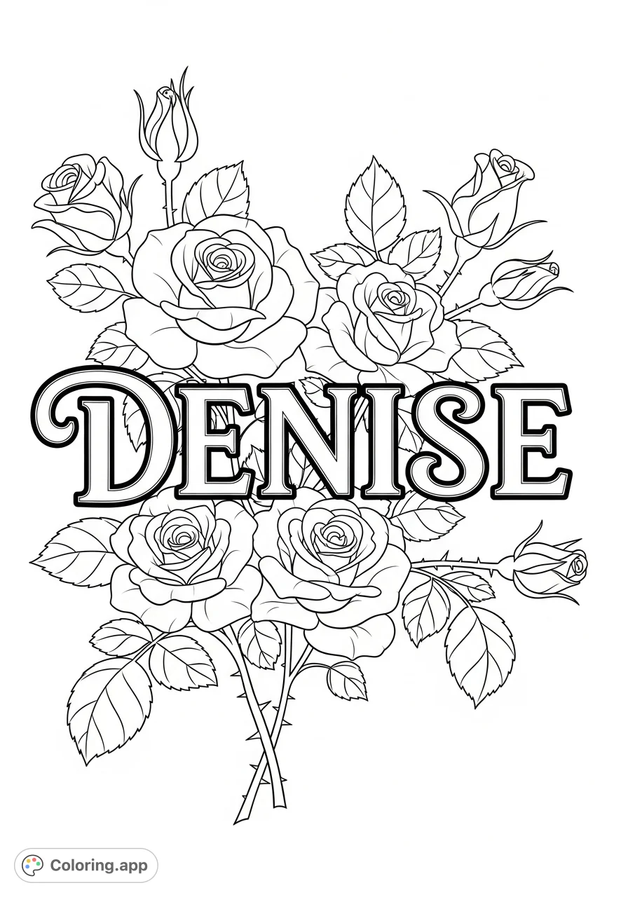 A beautiful floral name coloring page featuring the elegant name DENISE intricately surrounded by lush roses and delicate foliage. A personalized and charming design.