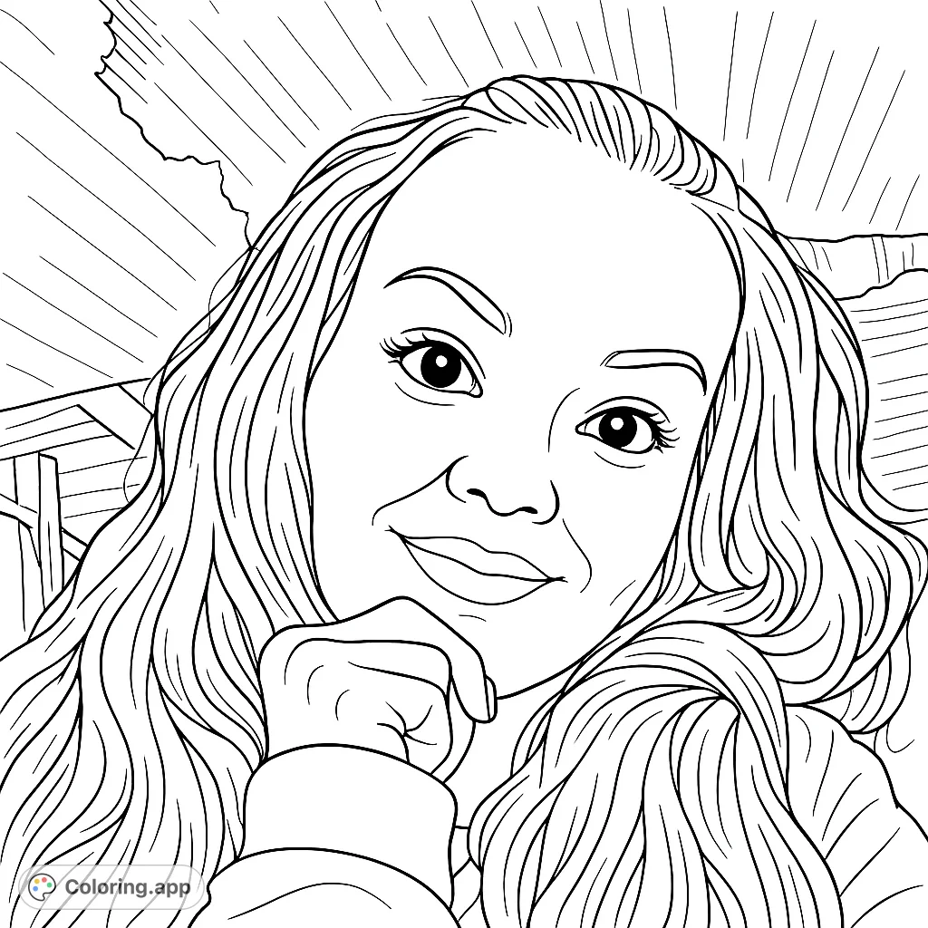 Capture the serene beauty of a woman with flowing hair and a gentle smile. This portrait offers a relaxing coloring experience, perfect for personal expression.