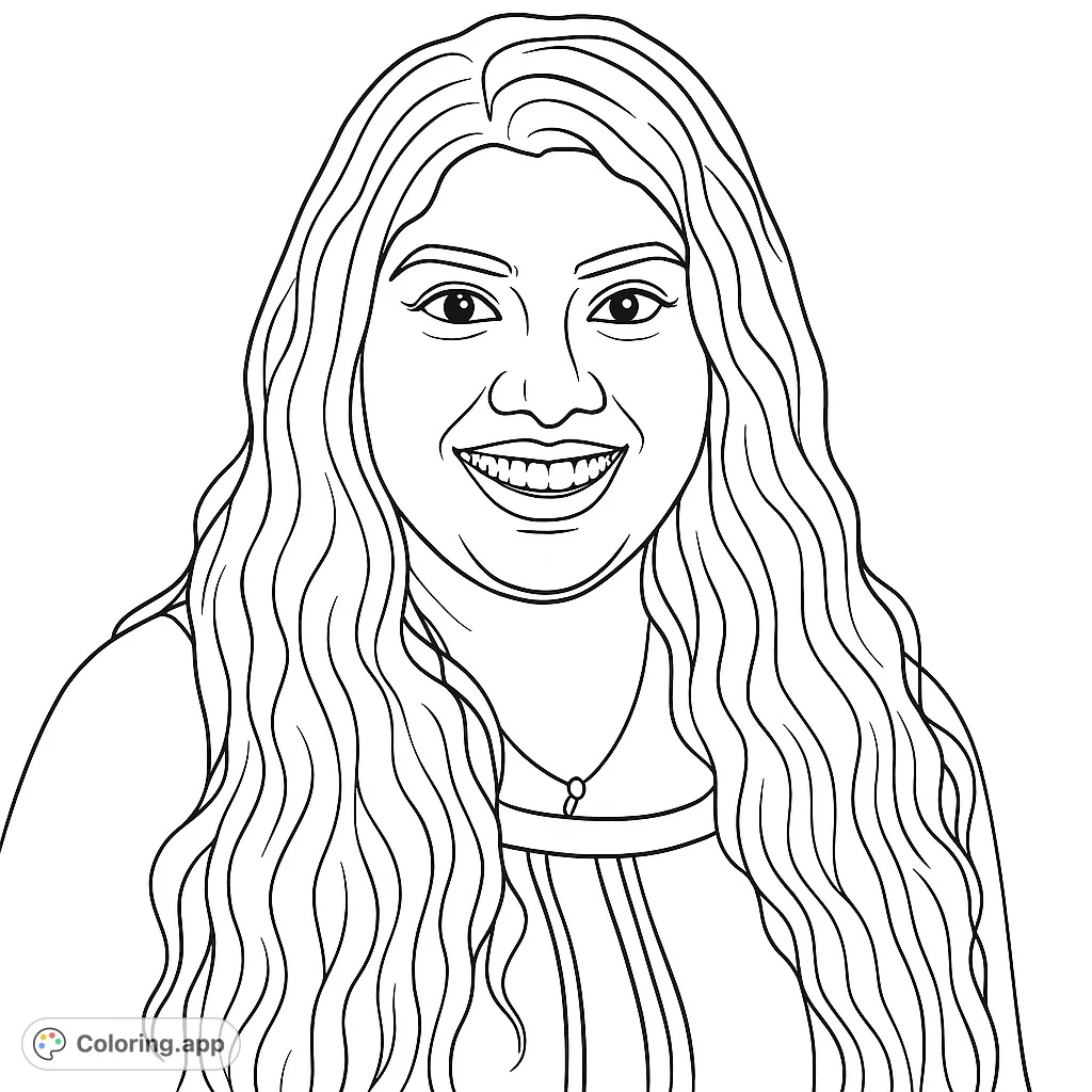 A joyful woman with long, flowing hair smiles warmly, wearing a striped top. A delightful portrait for creative coloring.