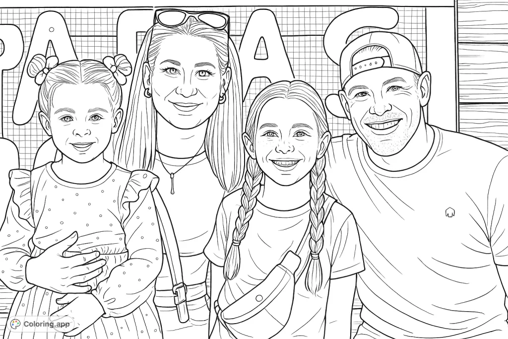 Capture a heartwarming family moment with two adults and two children. Personalize their outfits and expressions in this delightful family portrait coloring page.