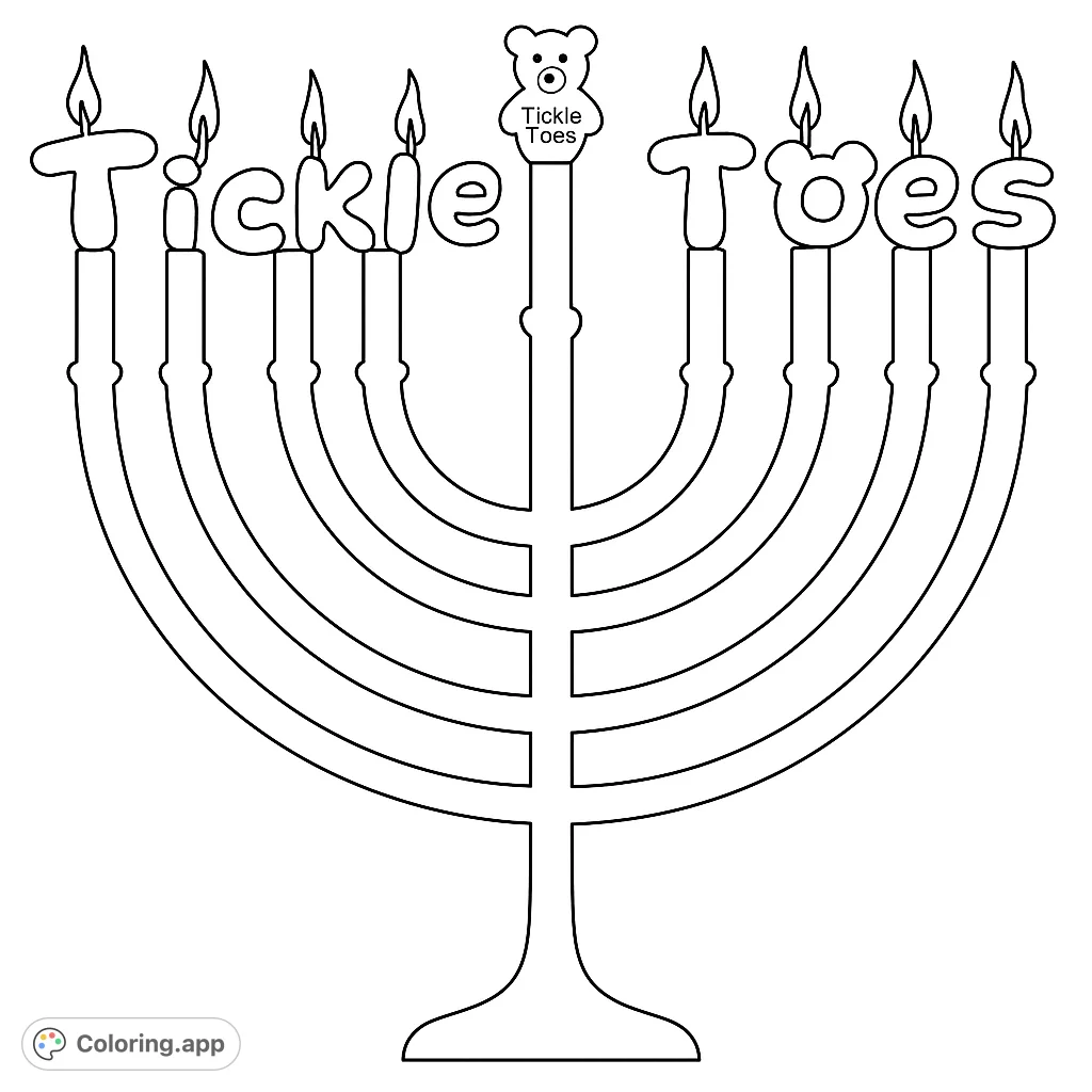 A charming candelabrum featuring the words 'Tickle Toes' on its candles, topped with a sweet teddy bear. Perfect for festive and playful coloring.