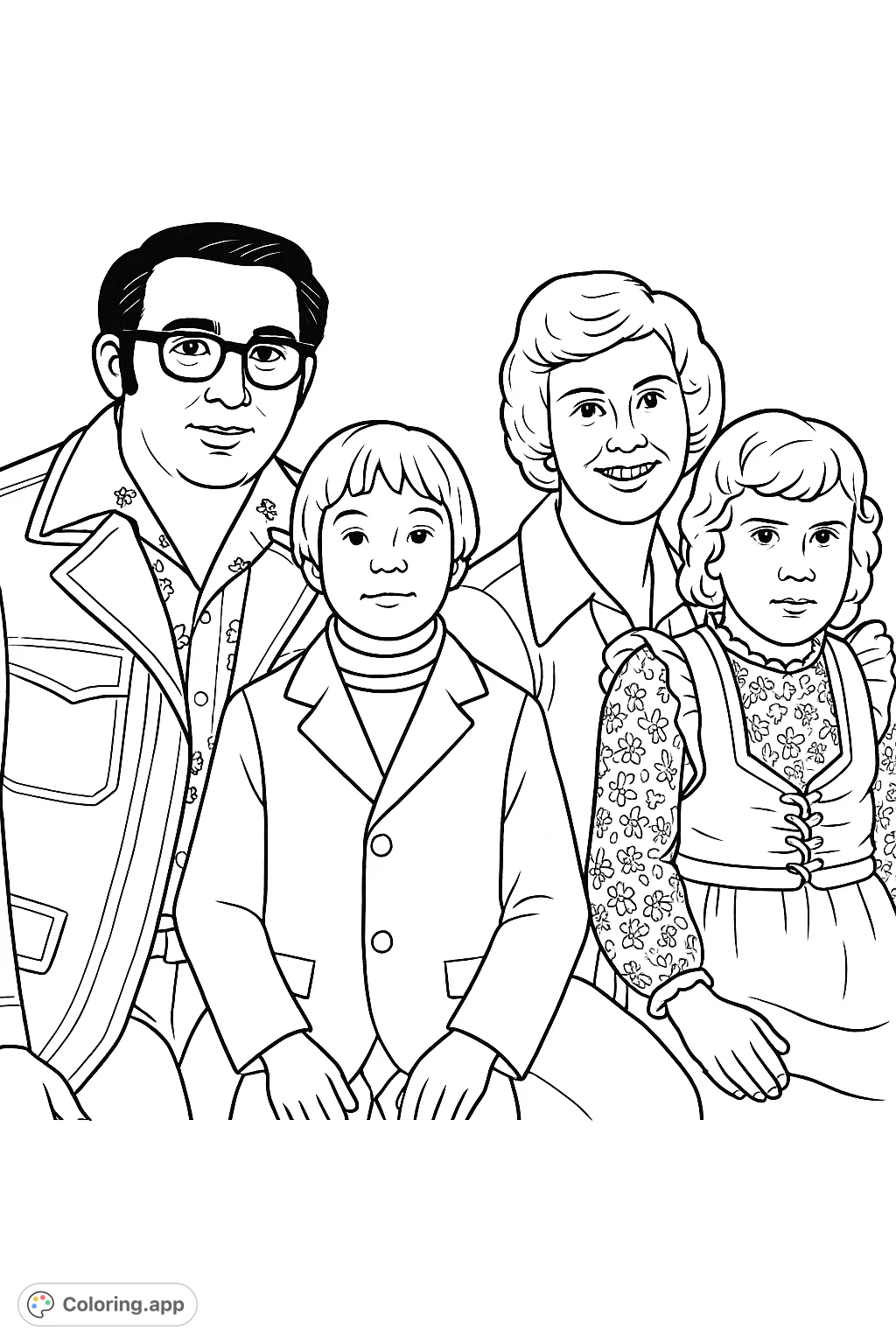 A charming classic family portrait coloring page, featuring two adults and two children. Perfect for personalizing with your favorite hues.