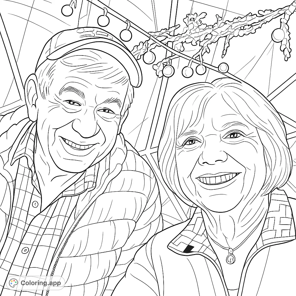 A heartwarming portrait of a smiling older couple, perfect for celebrating love and connection. Features detailed clothing and festive background elements.