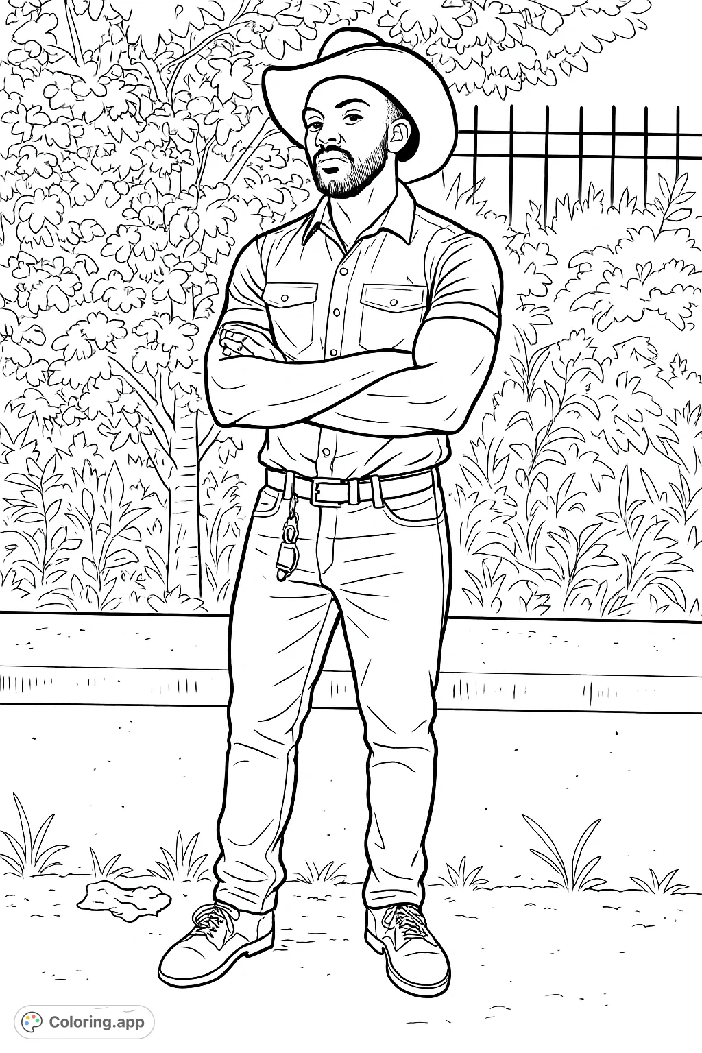 A striking man in a cowboy hat, arms crossed, stands confidently against a backdrop of urban foliage. A unique portrait for coloring.