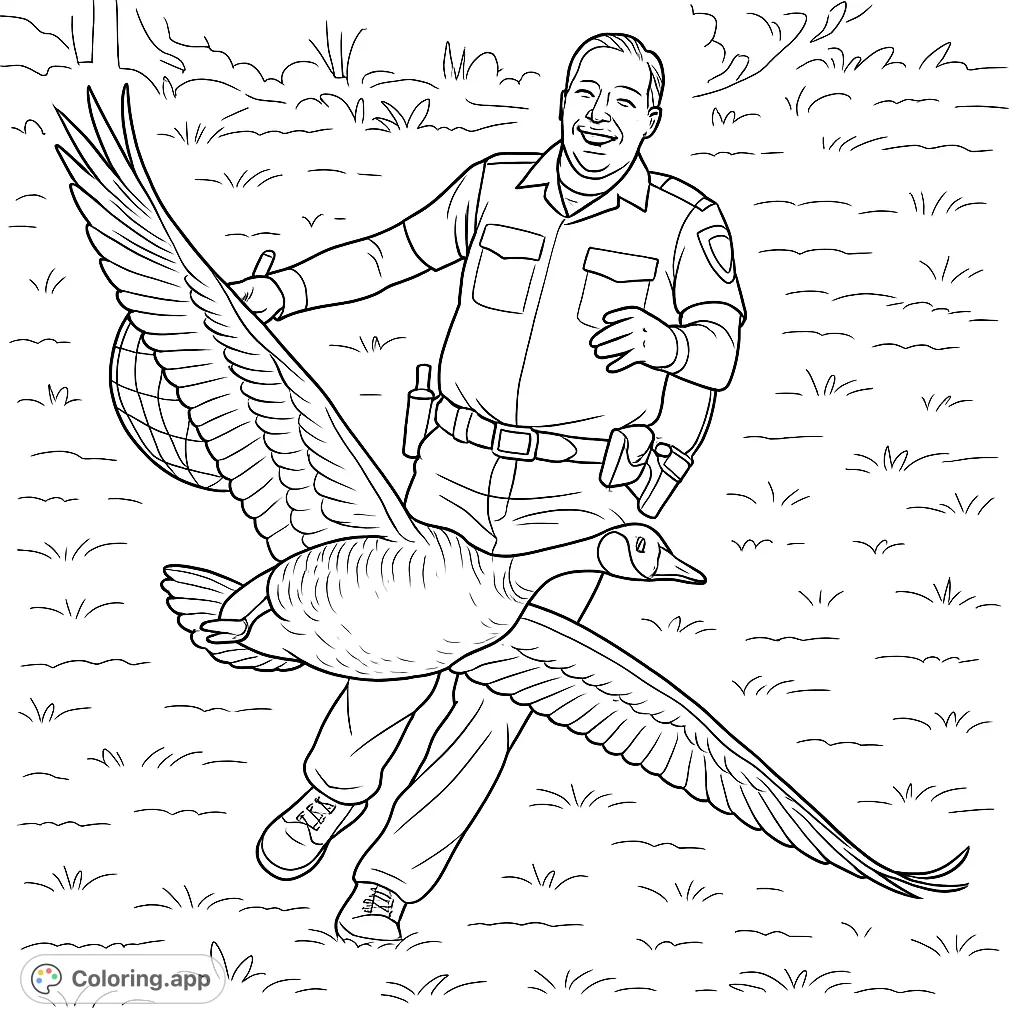 Experience the thrill of a wildlife rescue with a majestic goose taking flight and a smiling rescuer in pursuit. A dynamic scene for your creative touch.