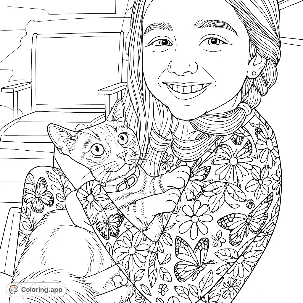 A heartwarming coloring page featuring a smiling girl gently holding her adorable kitten. Perfect for animal lovers and those who enjoy detailed patterns.