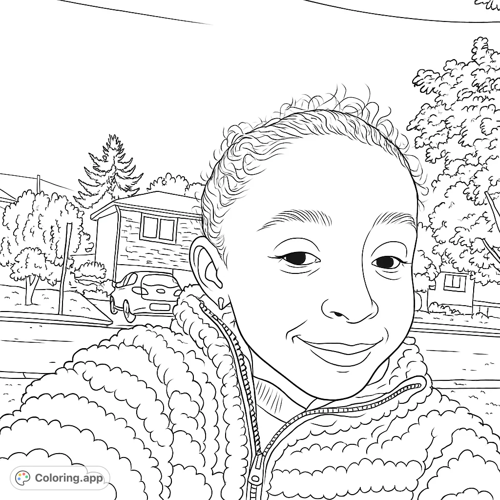 A delightful coloring page featuring a smiling young girl in a patterned jacket, set against a charming neighborhood backdrop with houses and trees.