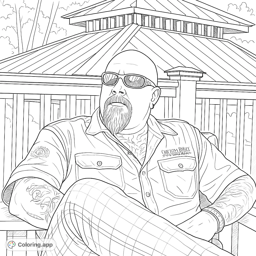 A detailed coloring page featuring a relaxed man with a beard, sunglasses, and intricate tattoos, seated in front of a gazebo. Perfect for adult colorists.