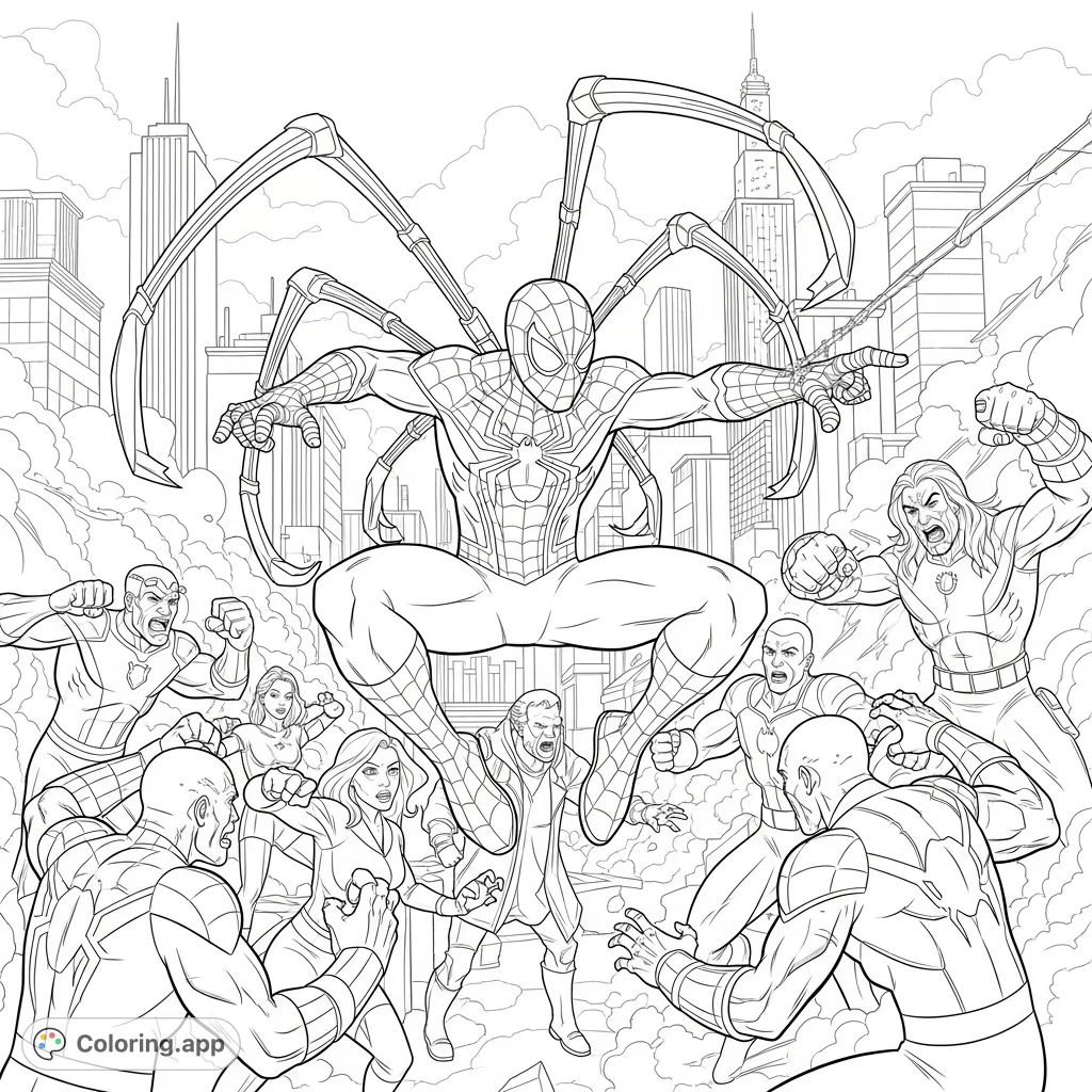 An action-packed Iron Spider-Man coloring page featuring the hero battling multiple villains in a dynamic cityscape. Perfect for superhero fans of all ages.