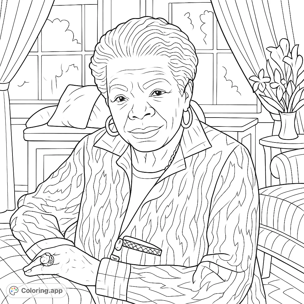 A thoughtful portrait of Maya Angelou, a celebrated author and poet. Capture her inspiring presence, intricate attire, and the cozy background setting with your creative colors.