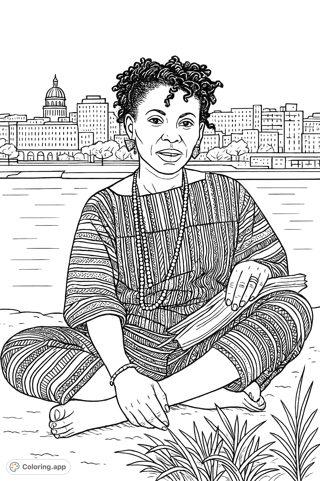 A captivating cultural portrait of a woman with intricate patterns on her attire, seated by a waterfront with a detailed cityscape in the background.