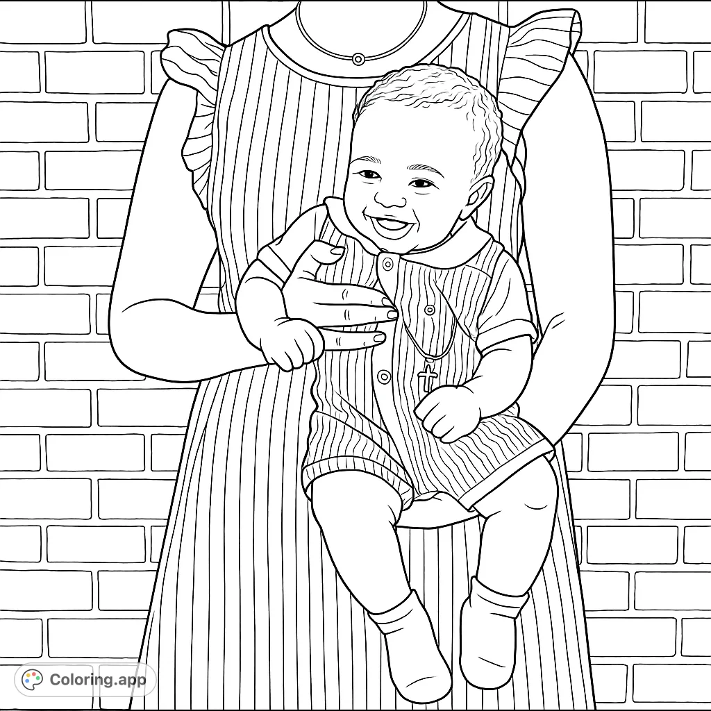 A heartwarming coloring page featuring a person gently holding a smiling baby, both adorned in striped attire against a brick wall. Perfect for celebrating family bonds.