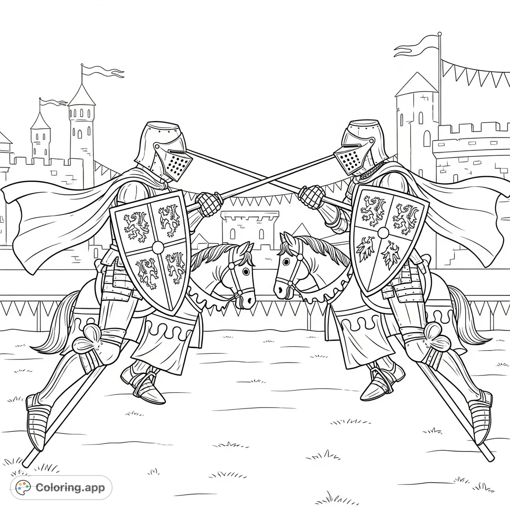 A whimsical medieval knights coloring page featuring two armored knights playfully jousting on toy stick horses against a castle backdrop. Fun for all ages!