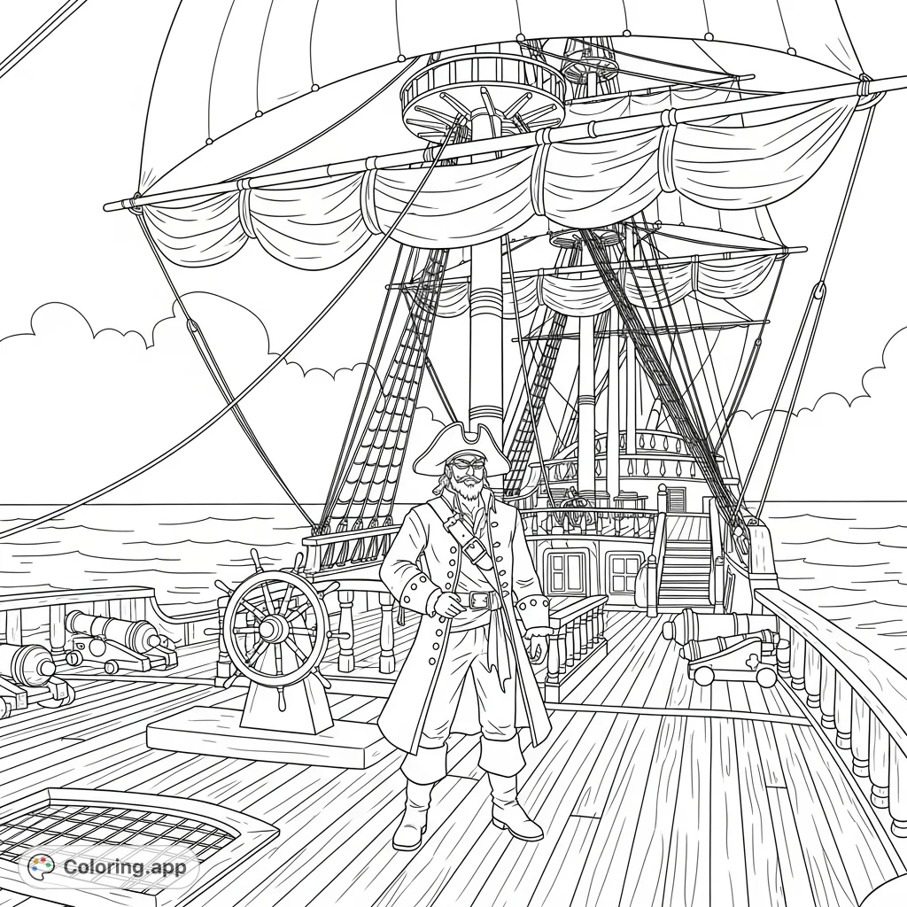 An adventurous pirate, complete with a distinctive hat, stands proudly on the deck of a magnificent pirate ship, ready for high-seas exploration.