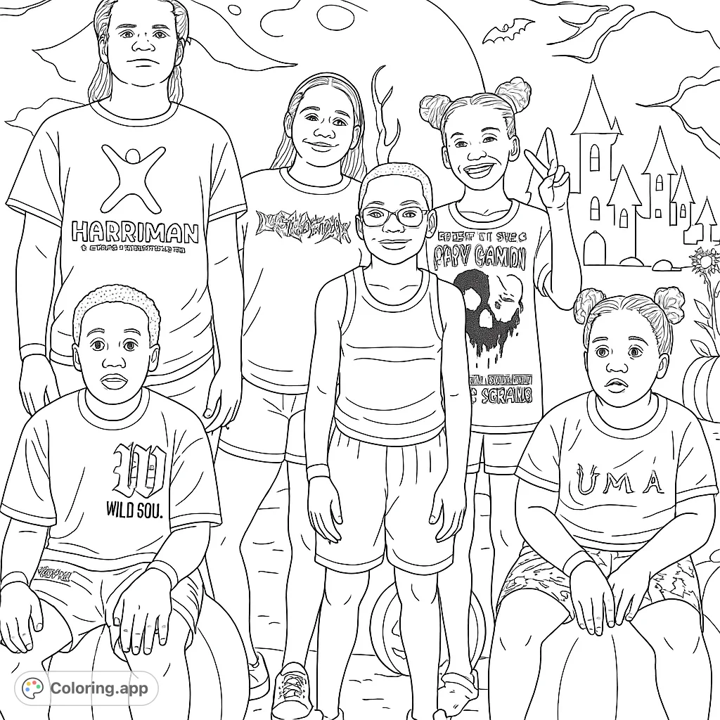 A fun Halloween-themed group portrait of six children against a spooky castle and moon backdrop. Perfect for a festive coloring activity.
