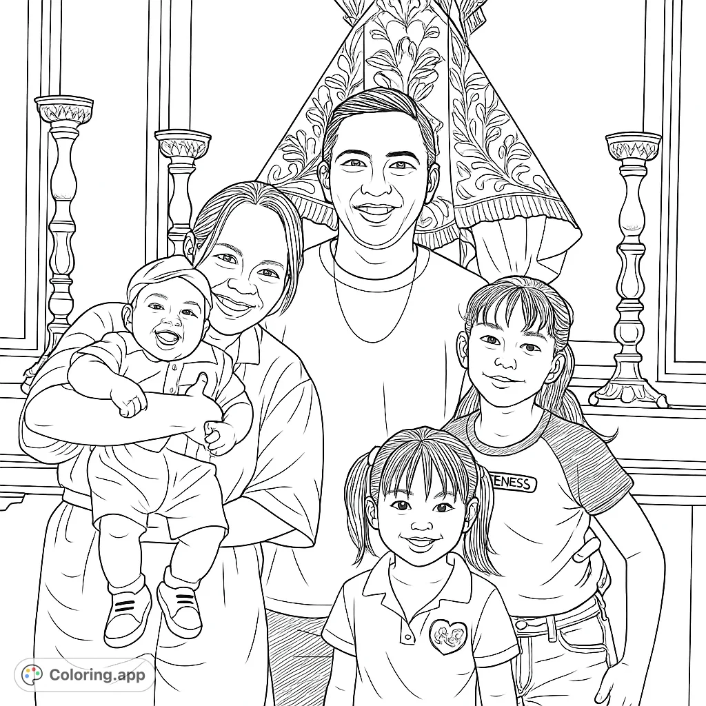 A heartwarming family portrait featuring two adults and three children, set against an ornate religious backdrop, perfect for a family coloring page.