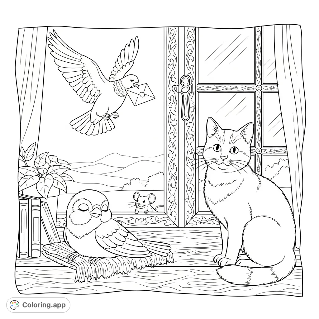 Discover a charming scene featuring a sleeping bird, a curious cat, a hiding mouse, and a pigeon delivering a letter on a detailed windowsill.