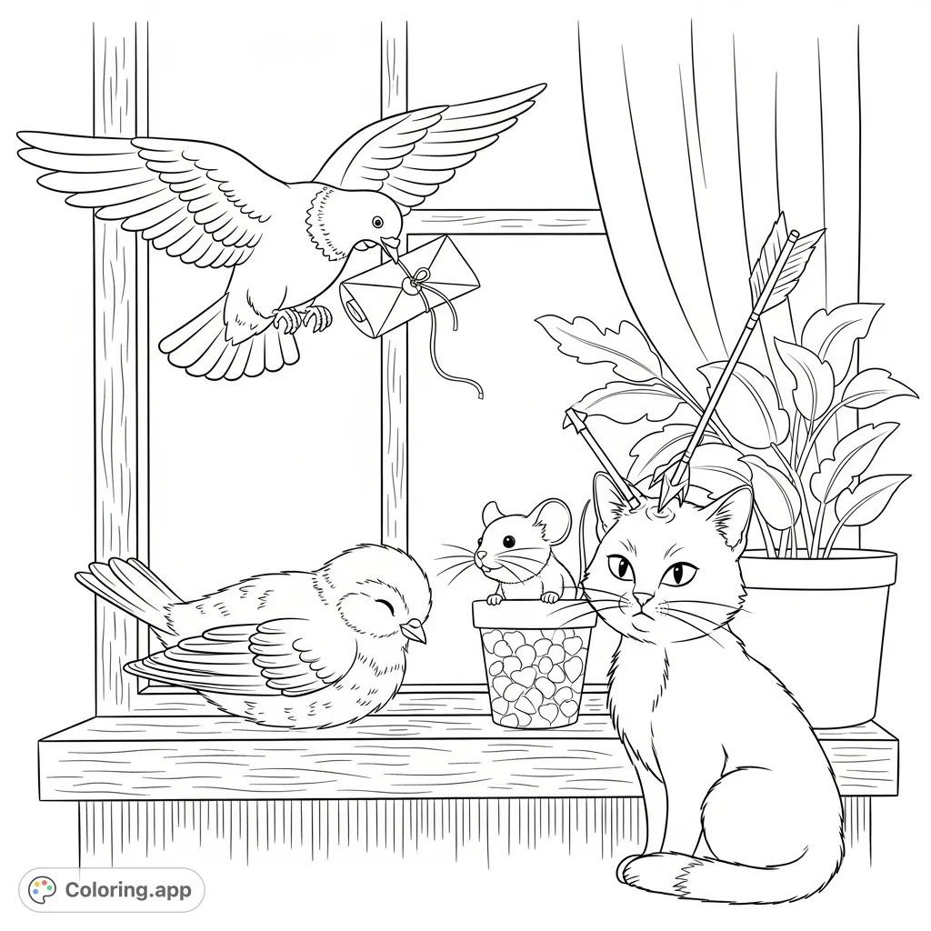 A humorous animal mischief coloring page featuring a sleeping bird, a letter-carrying pigeon, a hiding mouse, and a cat with an arrow in its ear on a windowsill.