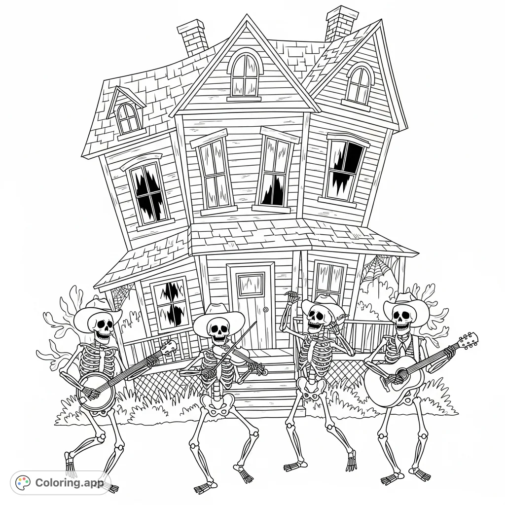 A hilarious haunted house scene featuring a band of dancing skeletons playing country music. A free printable haunted house coloring page for kids and adults.