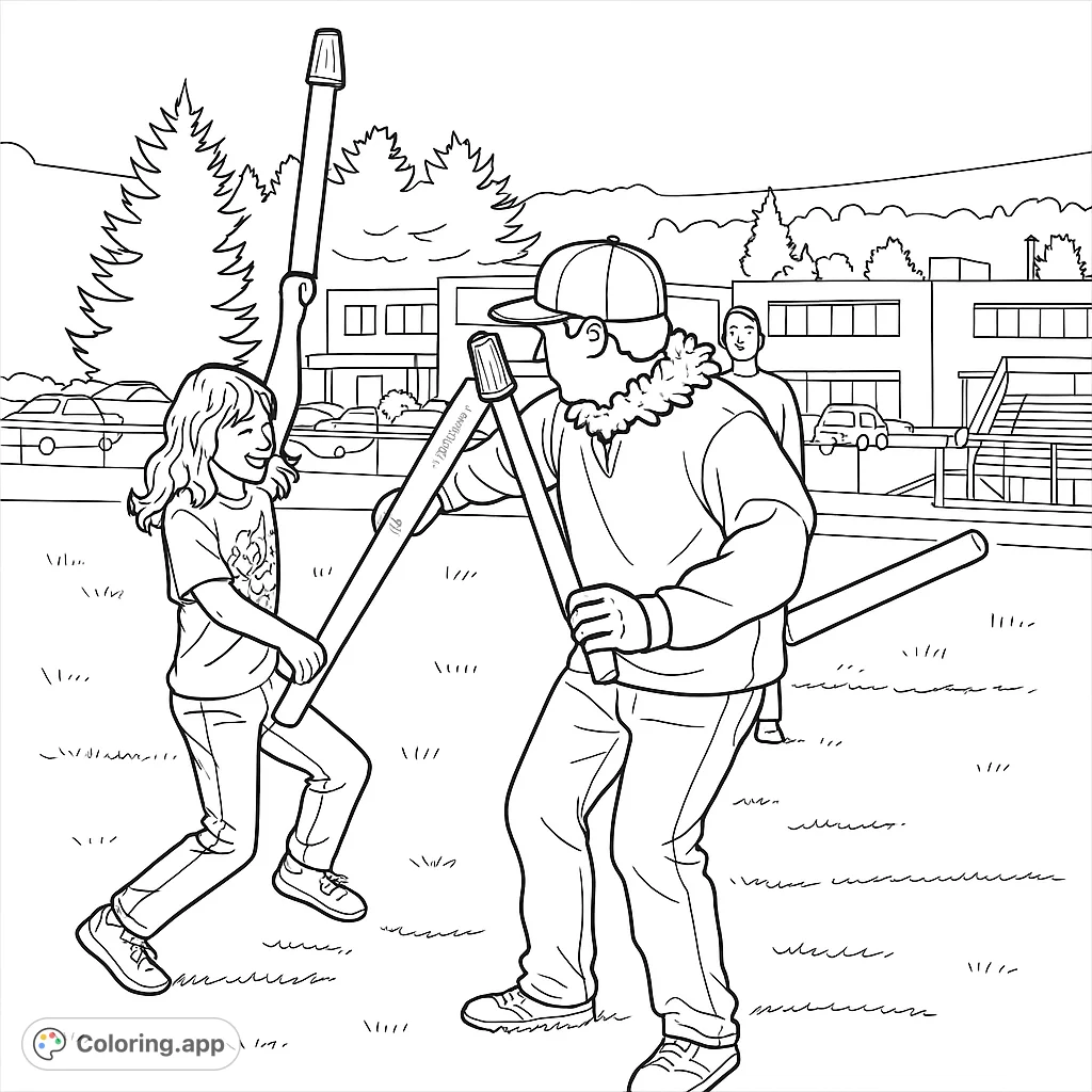 Two individuals engage in a lively noodle sword fight on a grassy field, with a school building and trees in the background. A fun outdoor activity.