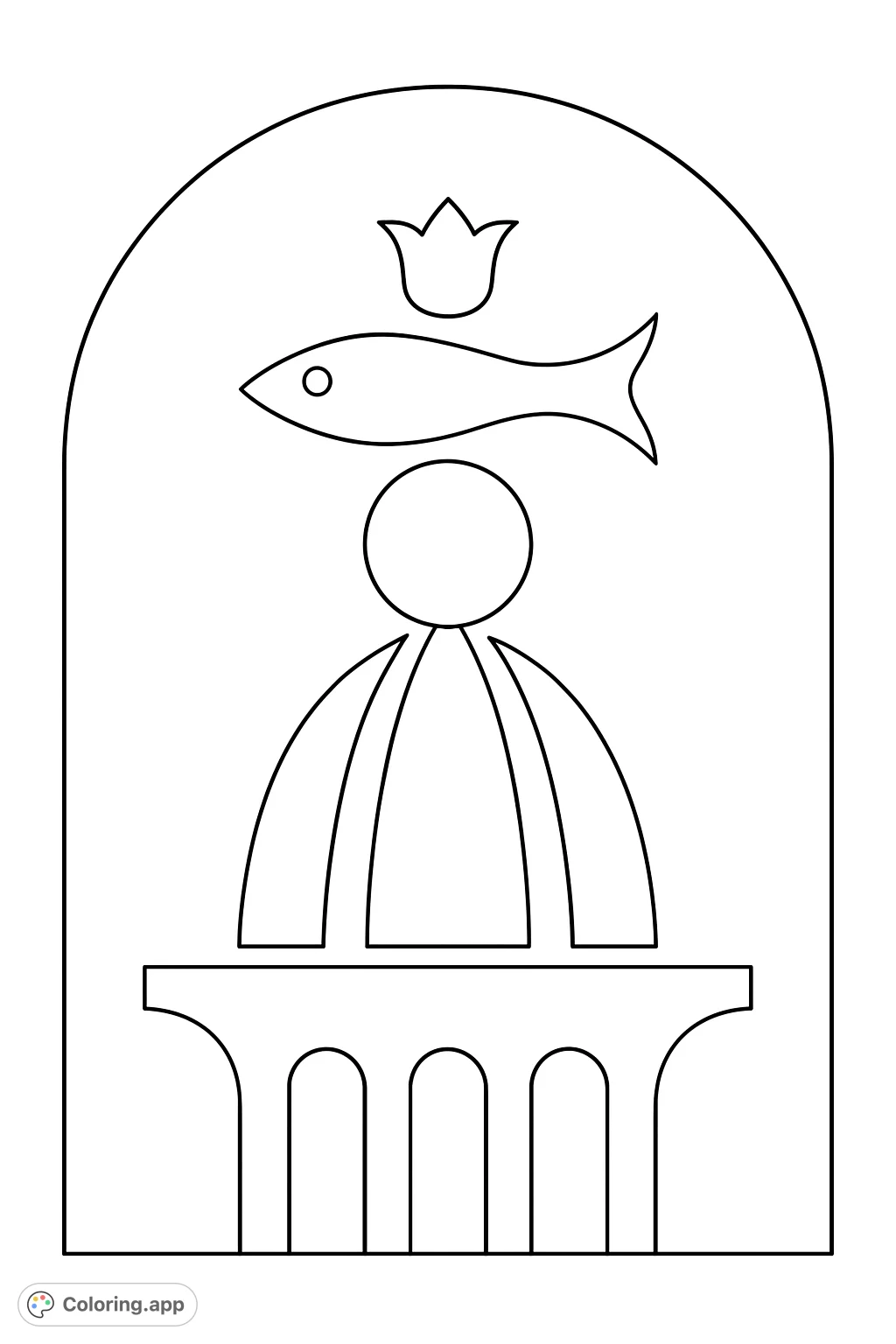 Explore a unique symbolic design featuring a stylized figure, a fish, and a flower, all framed within an elegant arch. A captivating and thought-provoking coloring experience.