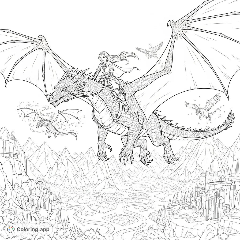 Soar above a mystical world with a brave girl on her magnificent dragon. This intricate fantasy coloring page offers a thrilling adventure for your imagination.