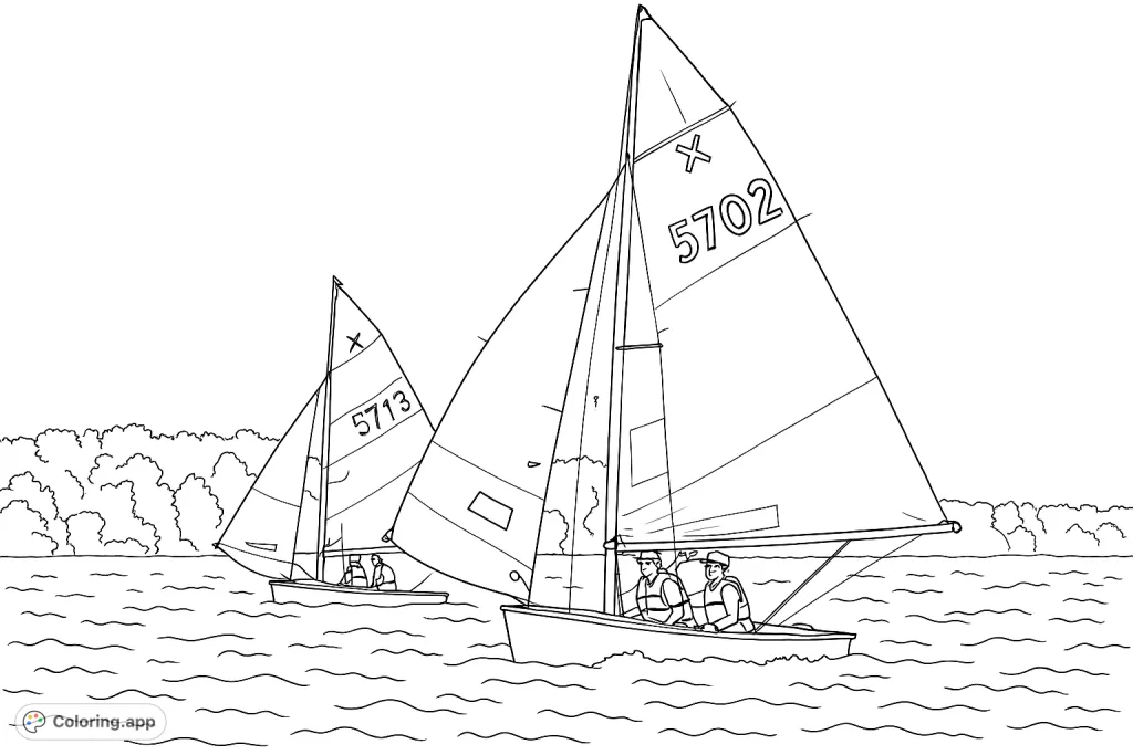 Experience the thrill of a sailboat race with this dynamic coloring page, featuring two boats cutting through waves under an open sky.
