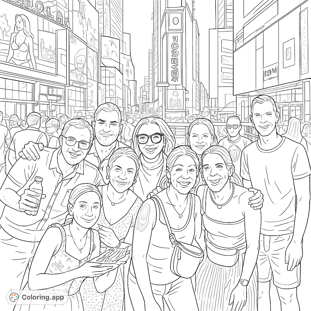 Capture the energy of a bustling city night with a cheerful group of friends. A lively urban scene perfect for detailed coloring.