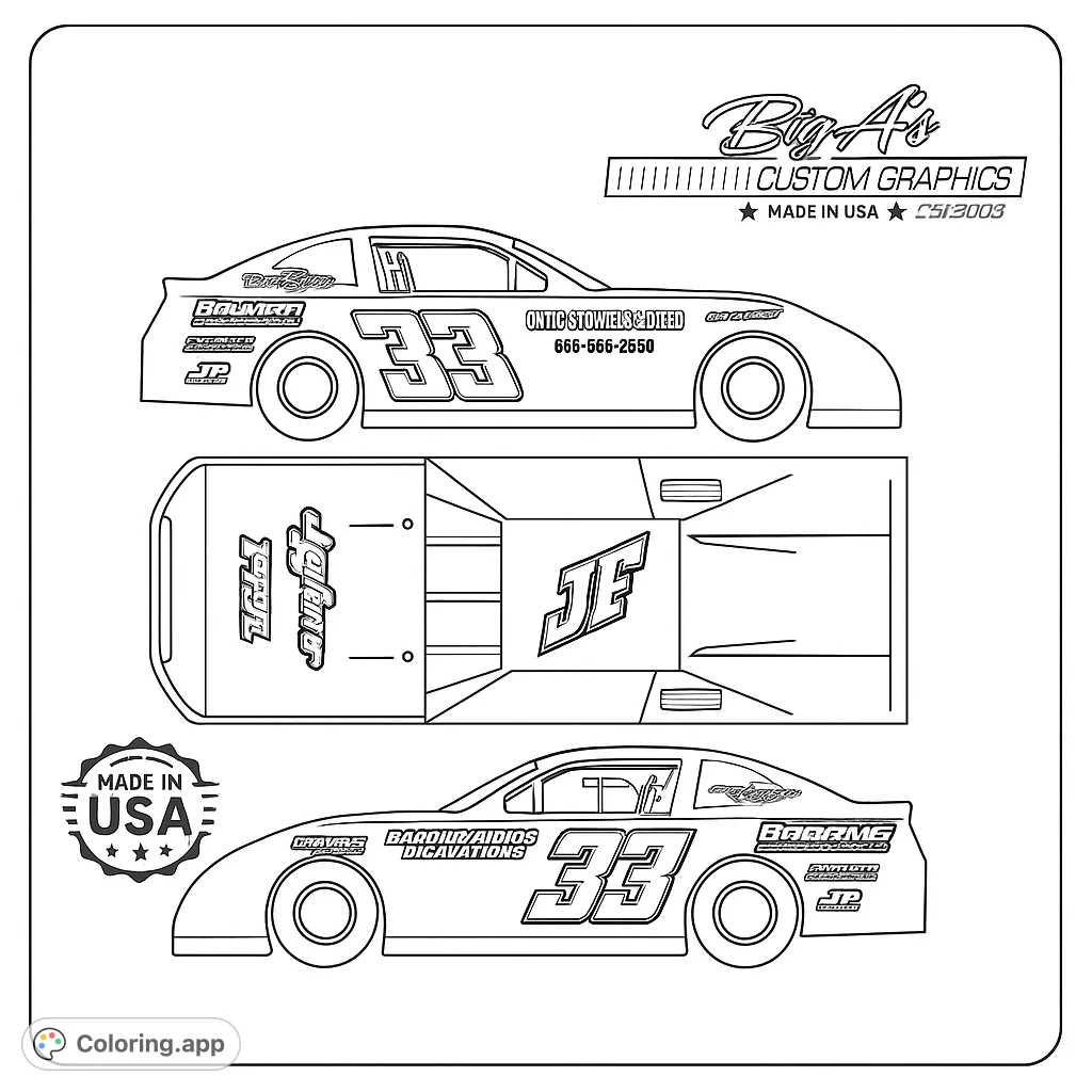 Explore a detailed race car design from multiple angles, featuring sponsor logos and the number 33. Perfect for racing enthusiasts.